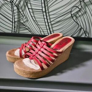 Sbicca | Strappy Red  Leather Platform Wedge Slide Sandals - Size 10